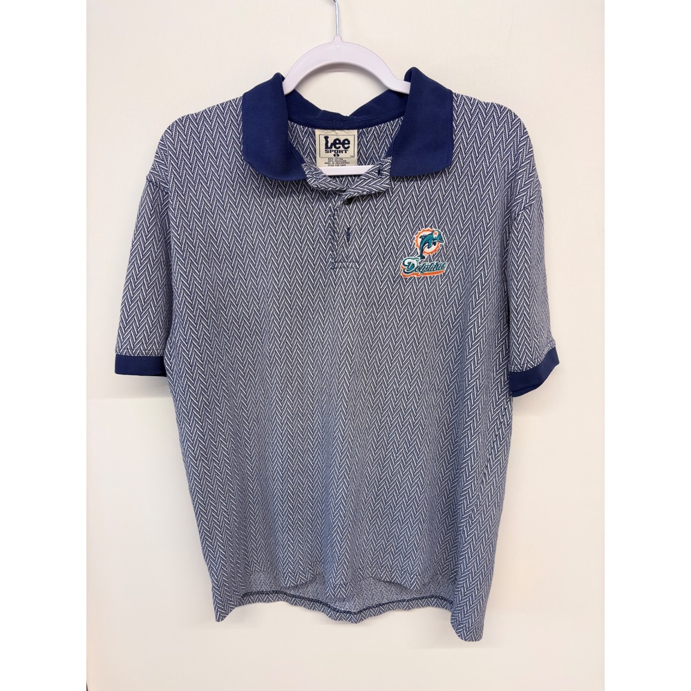 Vintage 90s Miami Dolphins Classic Logo Polo Shirt Lee Sport Men L Blue Chevron